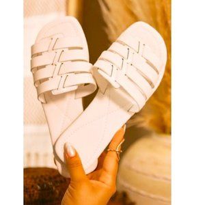 !! NEW !! Soft Vegan Leather Caged Slide Sandals in White